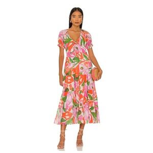 BANJANAN Euphoric Bloom Vivid Floral Flowy Cotton Dress Blouson Sleeve Small